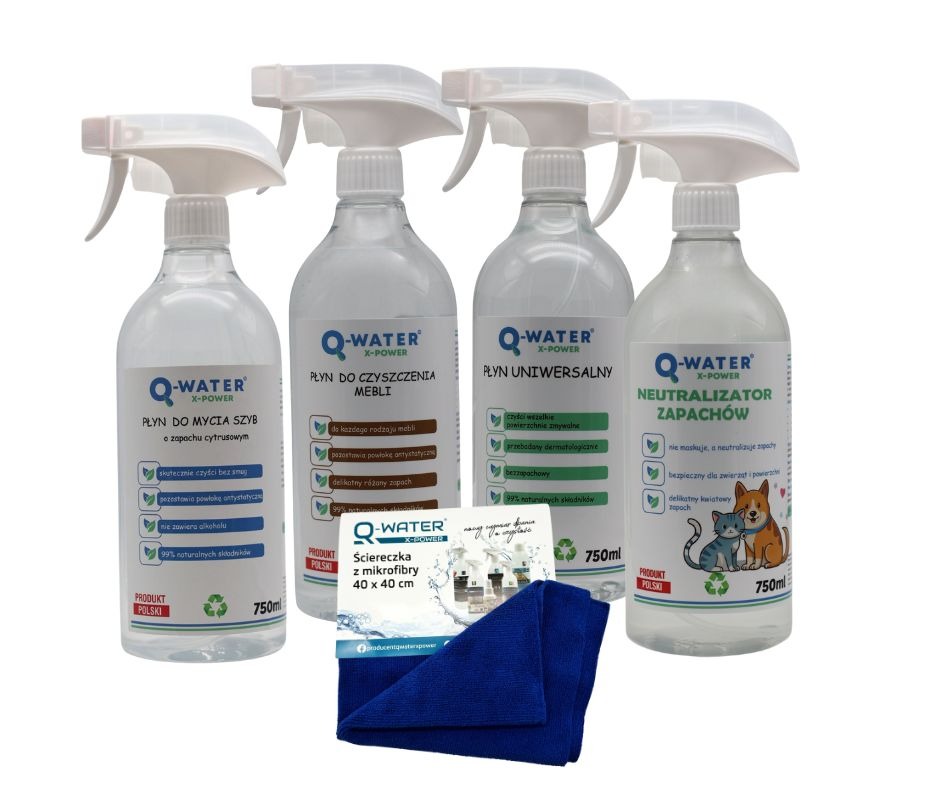 Zestaw środków czystości Q-Water: płyn do szyb, mebli, uniwersalny i neutralizator zapachów, z mikrofibrą. Produkt Polski, 750ml. Dostępne w Kotlin.