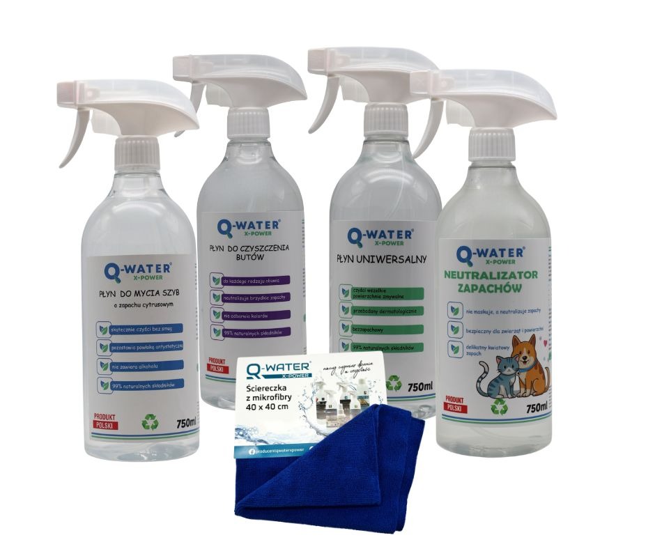 Zestaw czterech butelek Q-Water X-Power: płyn do szyb, do butów, uniwersalny i neutralizator zapachów, uzupełniony ściereczką z mikrofibry. Produkt Polski, 750ml.
