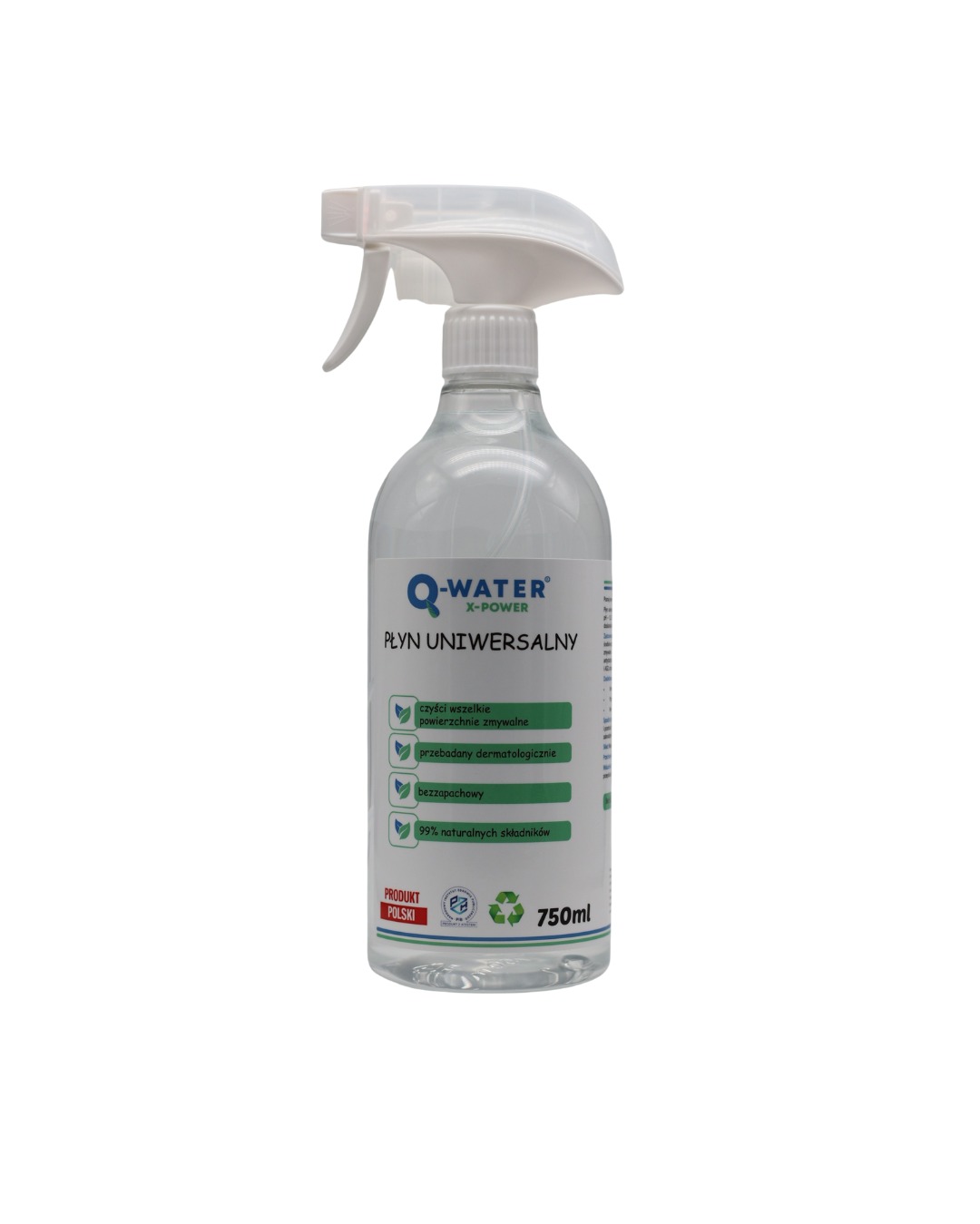 Butelka uniwersalnego płynu do czyszczenia Q-Water X-Power 750ml z atomizerem, z etykietą informującą o właściwościach i składzie, na białym tle.