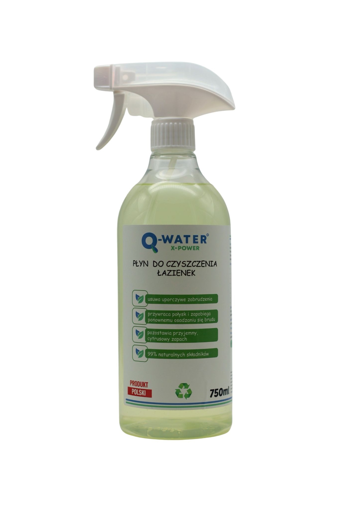 Butelka z rozpylaczem płynu do czyszczenia łazienek Q-Water X-Power. Produkt polski, 750ml, usuwa zabrudzenia, przywraca połysk i zapobiega osadzaniu się brudu.