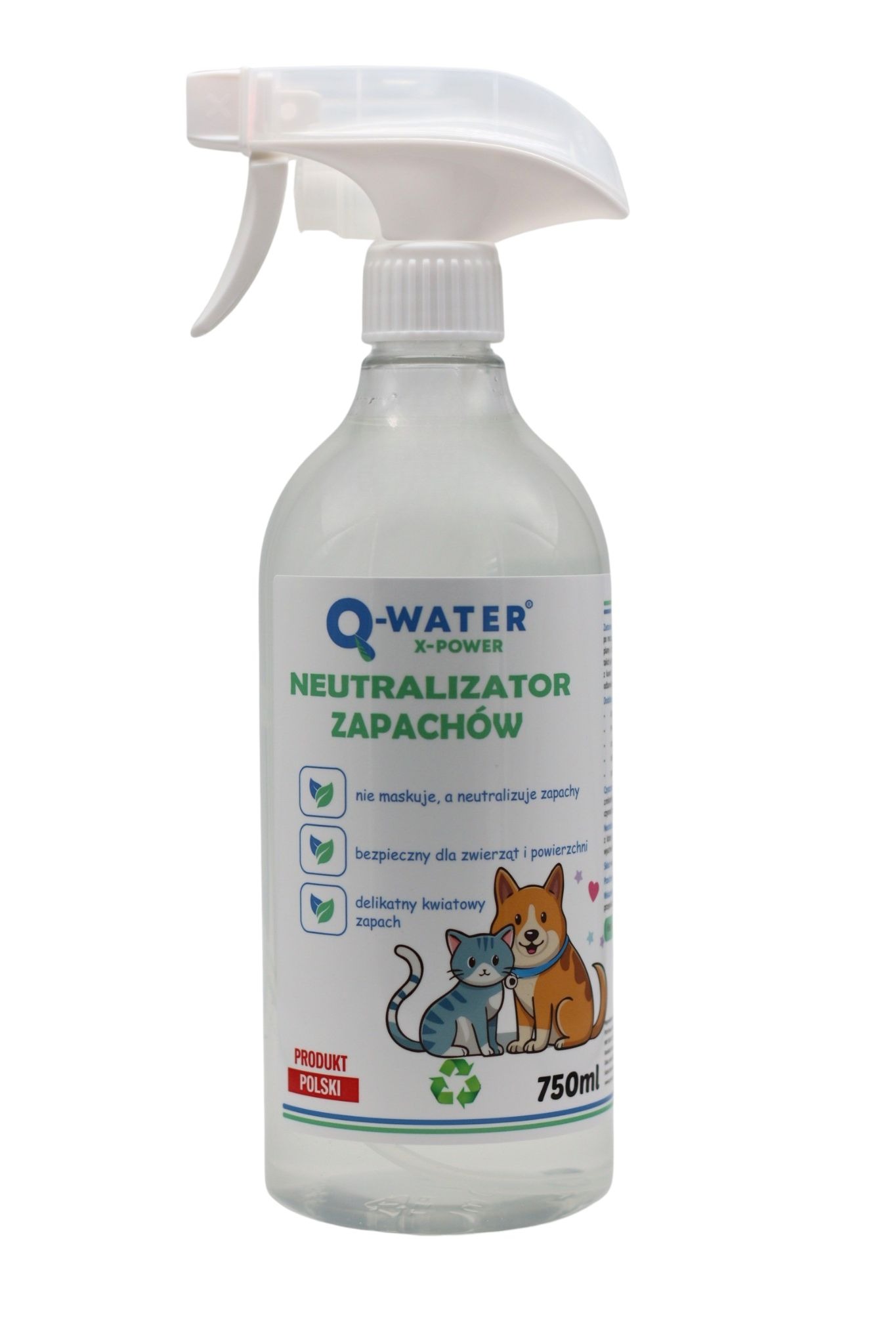 Butelka neutralizatora zapachów Q-Water X-Power 750ml z atomizerem, z grafiką kota i psa, opisana jako bezpieczna dla zwierząt i powierzchni, produkt polski.