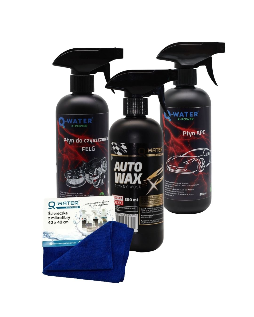 Zestaw trzech czarnych butelek Q-Water X-Power: płyn do felg, auto wax i APC, uzupełniony ściereczką z mikrofibry. Produkty do pielęgnacji i czyszczenia samochodów.