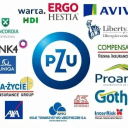 Kolaż logotypów różnych firm z branży ubezpieczeniowej, w tym PZU, Warta, Ergo Hestia, Aviva, Concordia, Link4, Uniqa, Polisa-Życie, Axa, MTU, Generali, Proama, Gothaer i InterRisk.