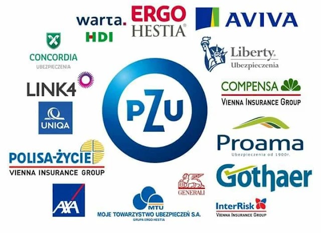 Kolaż logotypów różnych firm z branży ubezpieczeniowej, w tym PZU, Warta, Ergo Hestia, Aviva, Concordia, Link4, Uniqa, Polisa-Życie, Axa, MTU, Generali, Proama, Gothaer i InterRisk.
