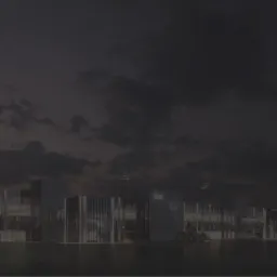 Wizualizacja hali przemysłowej z przeszkloną fasadą oświetloną od wewnątrz, widoczna flaga Ukrainy i oświetlenie zewnętrzne, na tle zachmurzonego nieba o zmierzchu.