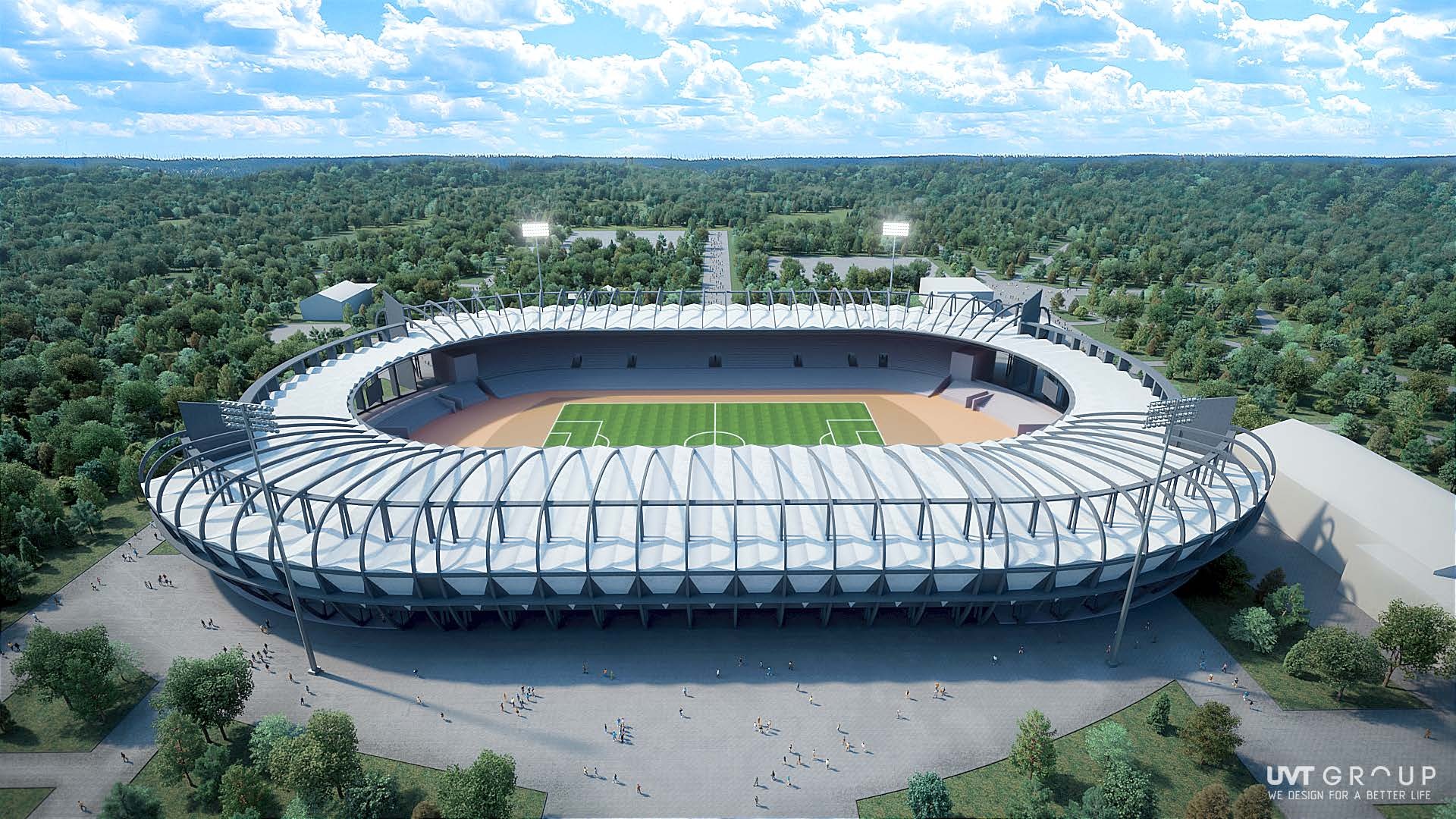 Wizualizacja projektu stadionu piłkarskiego z charakterystyczną konstrukcją dachu z metalowych łuków, otoczonego zielenią i parkingiem, z widocznym logo firmy projektowej w prawym dolnym rogu.