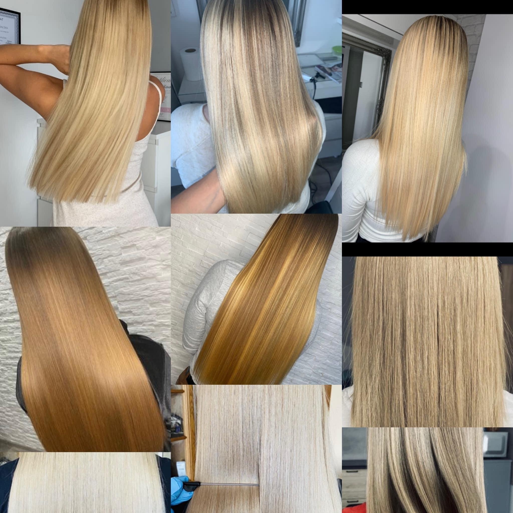Kolaż przedstawiający różne odcienie i style długich, blond włosów, ukazujące efekty koloryzacji i pielęgnacji.