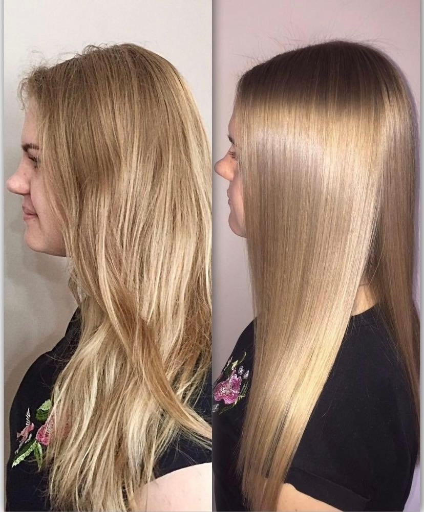 Koloryzacja włosów blond: porównanie przed i po zabiegu, widoczne wygładzenie i zmiana odcienia na chłodniejszy.