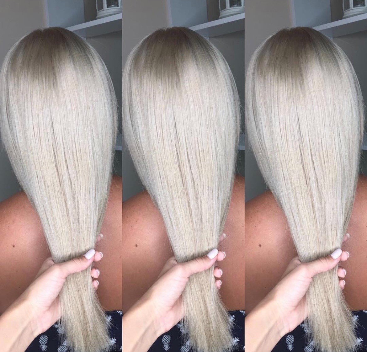 Efekt koloryzacji sombre na długich, platynowych włosach, prezentowany w salonie w Łodzi; widoczne przejście od ciemniejszego odrostu do jasnych końcówek.