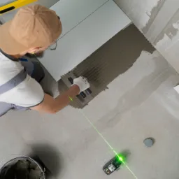 Glazurnik rozprowadza klej na podłodze za pomocą pacy zębatej, wspomagając się poziomnicą laserową, przygotowując się do ułożenia białych płytek podłogowych.