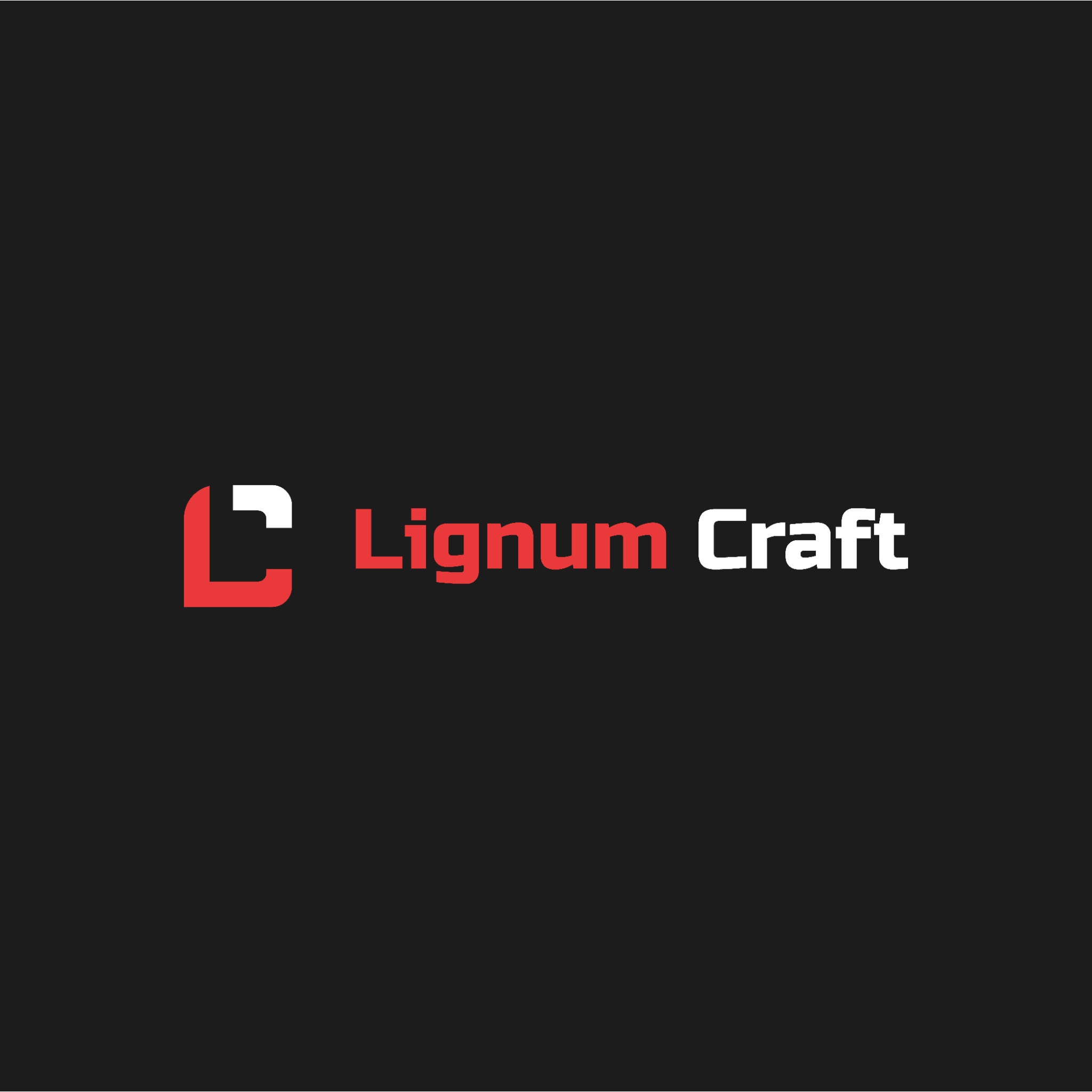 Logo firmy Lignum Craft na czarnym tle. Czerwony symbol graficzny po lewej, obok czerwony napis 'Lignum', a dalej biały napis 'Craft'.