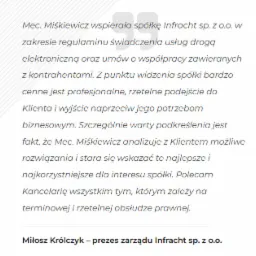 Tekst rekomendacji Mec. Miśkiewicz dla spółki Infracht sp. z o.o. dotyczący świadczenia usług drogą elektroniczną i umów o współpracy, podpisany przez Miłosza Królczyka - prezesa zarządu.