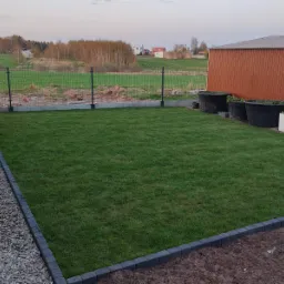 Świeżo założony trawnik z rolki, obrzeża z kostki, widoczne duże donice i ogrodzenie panelowe w tle.