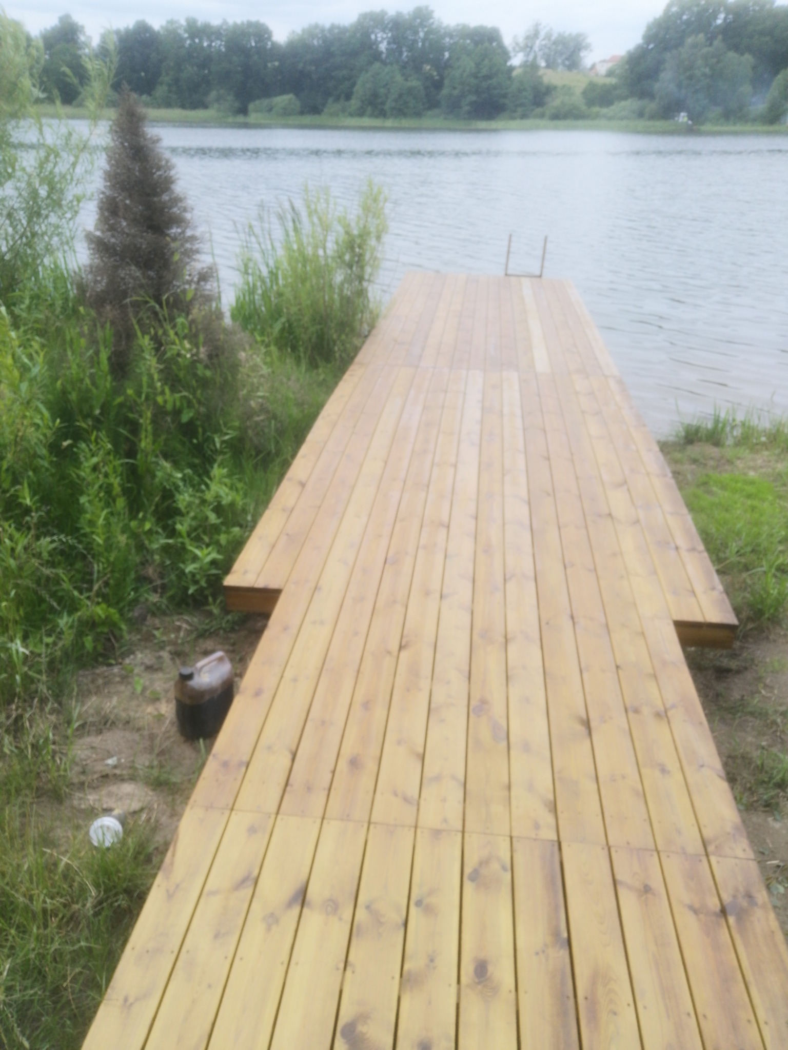 Pomost z jasnego drewna prowadzący do jeziora, widoczne ślady impregnacji, w tle zieleń i woda.