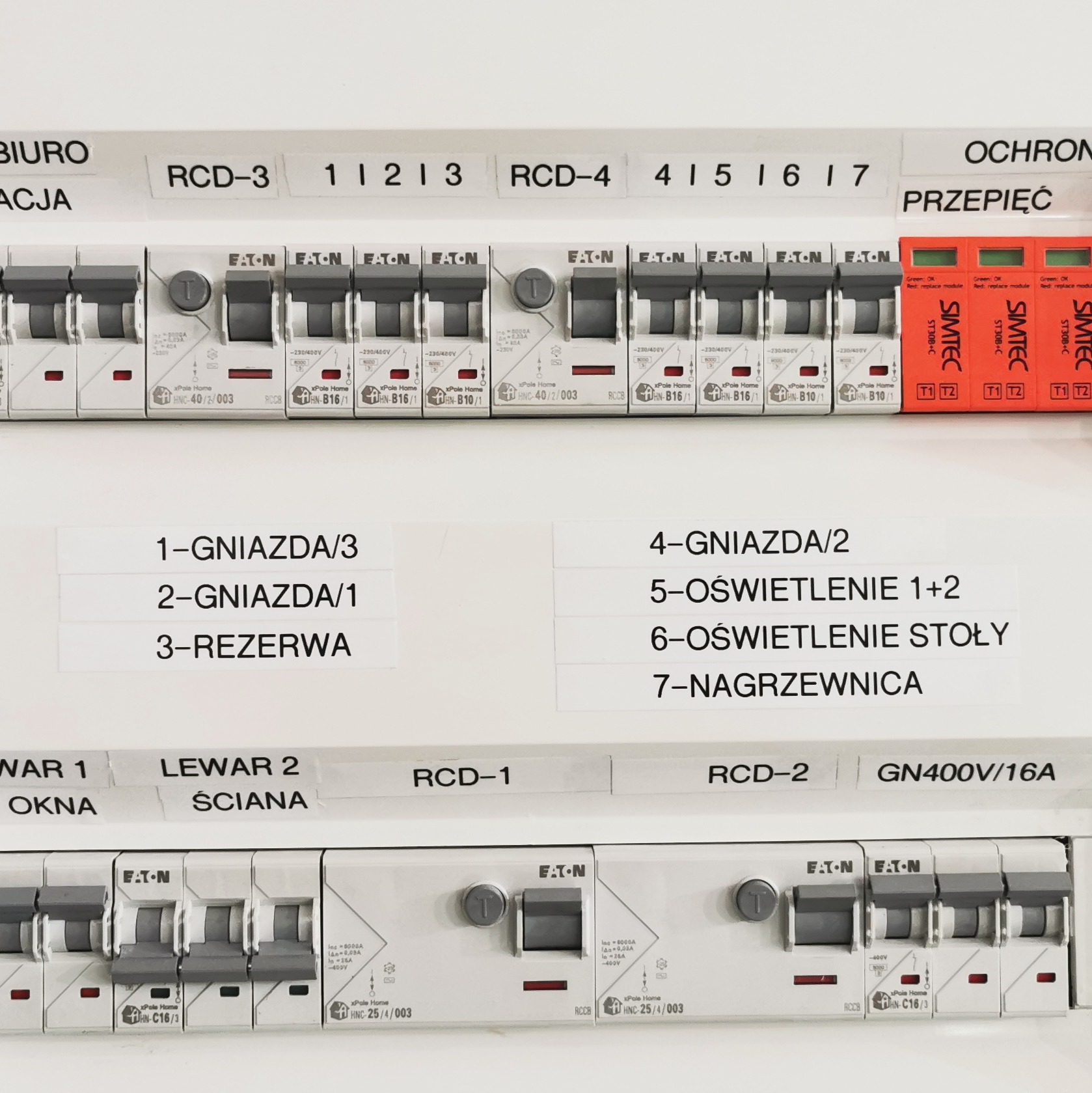 Rozdzielnica elektryczna z wyłącznikami różnicowoprądowymi i nadprądowymi marki Eaton, z naklejkami opisującymi obwody: gniazda, oświetlenie, rezerwa, nagrzewnica, oraz modułami ochrony...
