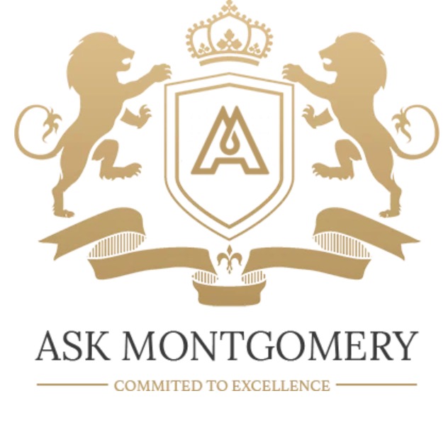 Złote logo firmy Ask Montgomery z Londynu, przedstawiające herb z literą A, lwy i koronę, umieszczone nad hasłem 'Committed to Excellence'.