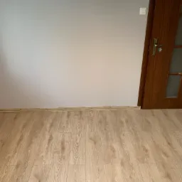 Jasne panele podłogowe ułożone w pokoju z szarą ścianą, widoczne listwy przypodłogowe i fragment brązowych drzwi z szybą.