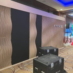 ACTUAL - Nowoczesna ściana z paneli drewnianych o falistym wzorze, z ciemnym ekranem wbudowanym pomiędzy panelami, oraz skrzynie transportowe na wzorzystej wykładzinie.