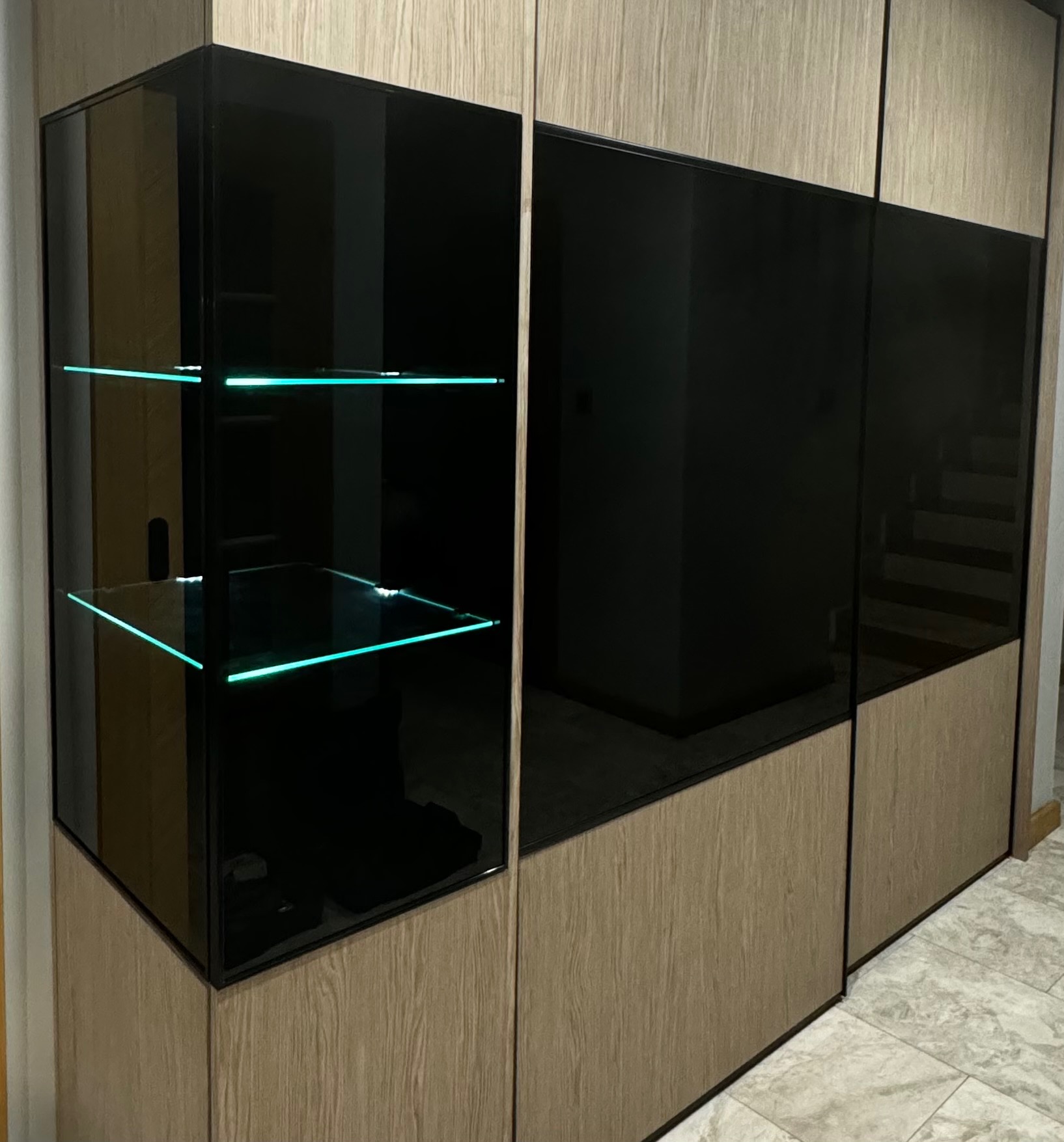 Nowoczesna szafa z forniru w odcieniach beżu i czerni, z podświetlanymi na zielono szklanymi półkami, tworząca minimalistyczny design.