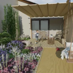 Wizualizacja ogrodu z tarasem, pergolą i huśtawką koszową. Kwitnące lawendy i trawy ozdobne wzdłuż ścieżki. Chłopiec biegnący po drewnianym tarasie.