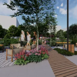 Wizualizacja parku miejskiego z drewnianą ścieżką, ławkami, krzesłami i grupą spacerujących osób w słoneczny dzień.