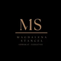 Minimalistyczne logo z inicjałami MS, imieniem i nazwiskiem Magdalena Stancel oraz dopiskiem Adwokat-Mediator na czarnym tle.