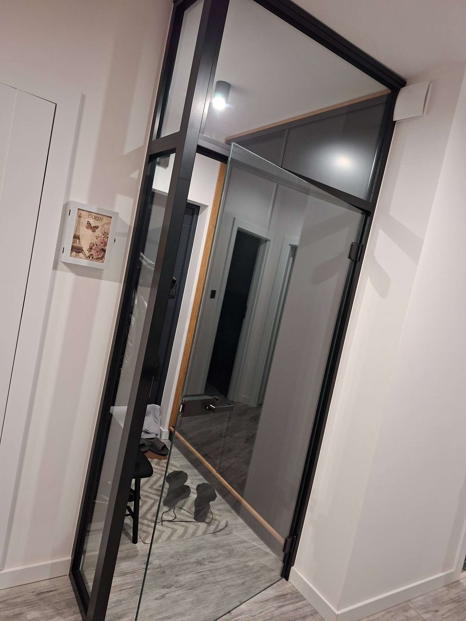 Szklane drzwi wewnętrzne z czarną ramą, widok na korytarz. Minimalistyczny design, jasne ściany, dekoracja ścienna. Nowoczesne wykończenie wnętrza.