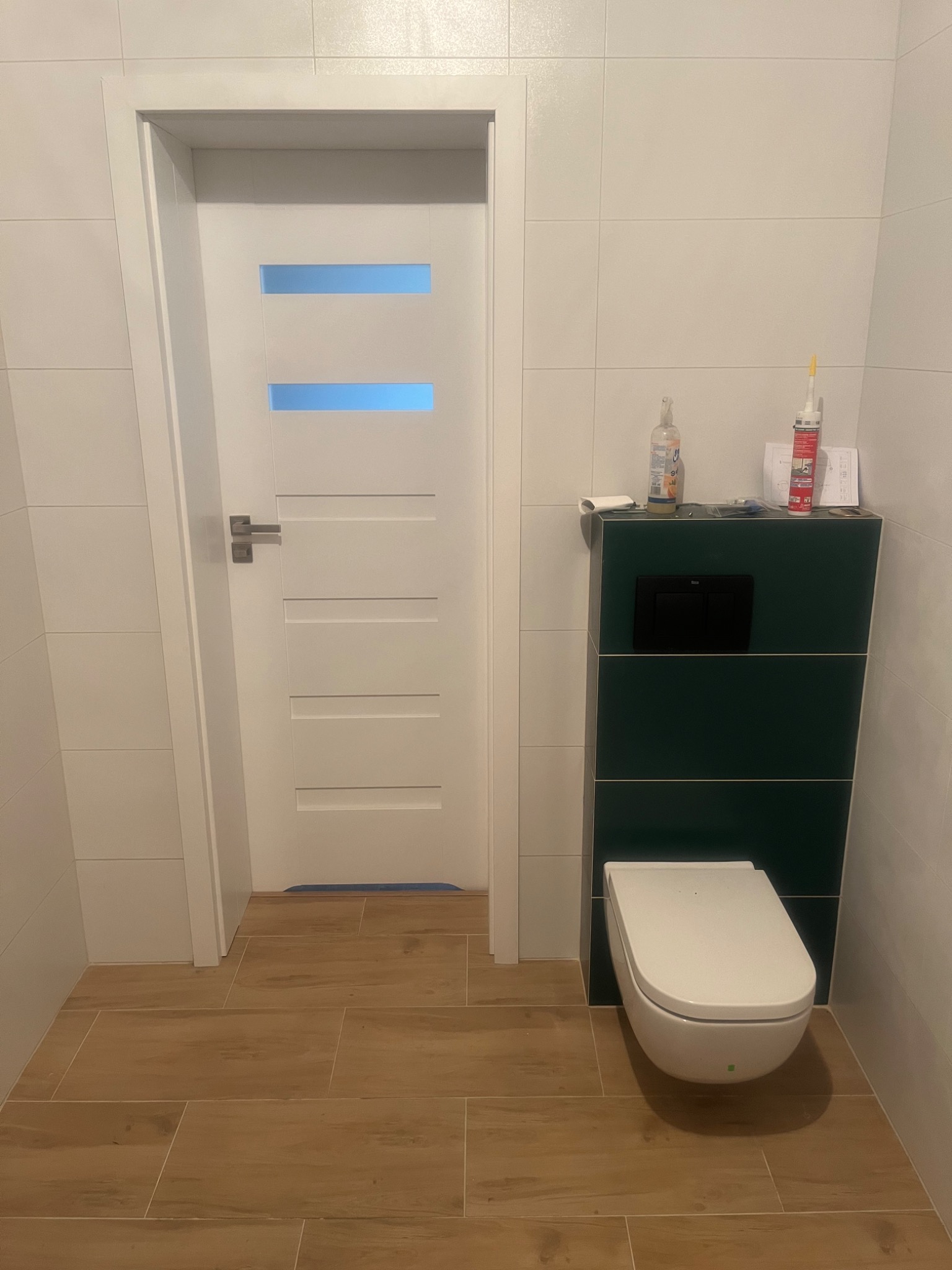 Wykończona łazienka z podwieszaną toaletą na tle zielonej zabudowy, białe płytki na ścianach, drewnopodobne płytki na podłodze, białe drzwi z przeszkleniami.