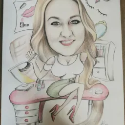 Ręcznie rysowana karykatura kobiety siedzącej przy stole do makijażu, z akcesoriami kosmetycznymi i cyfrą 40 w tle.