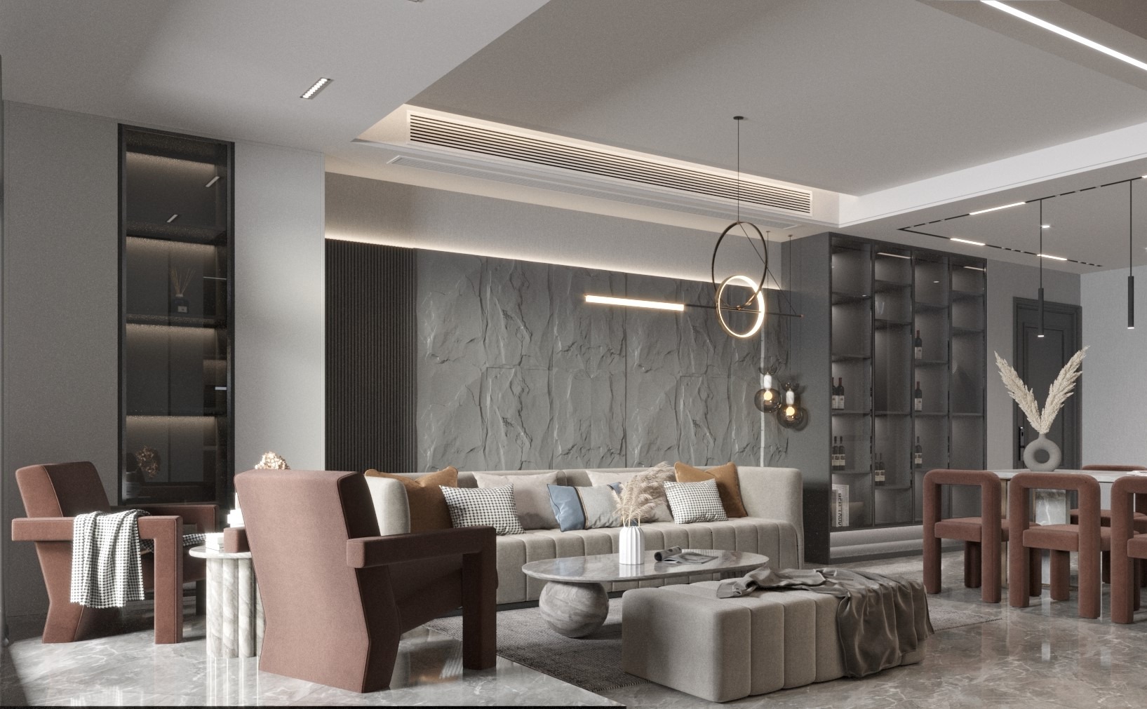 Nowoczesny salon z szarą ścianą o fakturze kamienia, beżową sofą z poduszkami, marmurowym stolikiem kawowym, brązowymi fotelami i przeszkloną witryną z dekoracjami.