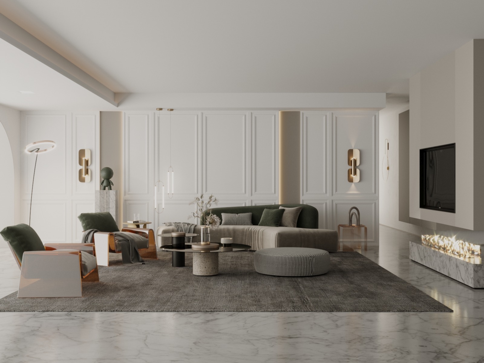 Elegancki salon w stylu minimalistycznym z marmurową podłogą, szarym dywanem, zieloną sofą, nowoczesnym kominkiem i dekoracyjnymi lampami ściennymi.