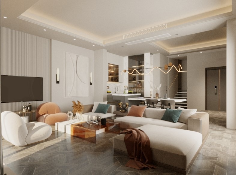 Nowoczesny salon z beżową sofą modułową, stolikiem kawowym z brązowego szkła, białym fotelem i telewizorem na ścianie z dekoracyjnymi listwami, w tle aneks kuchenny i schody.