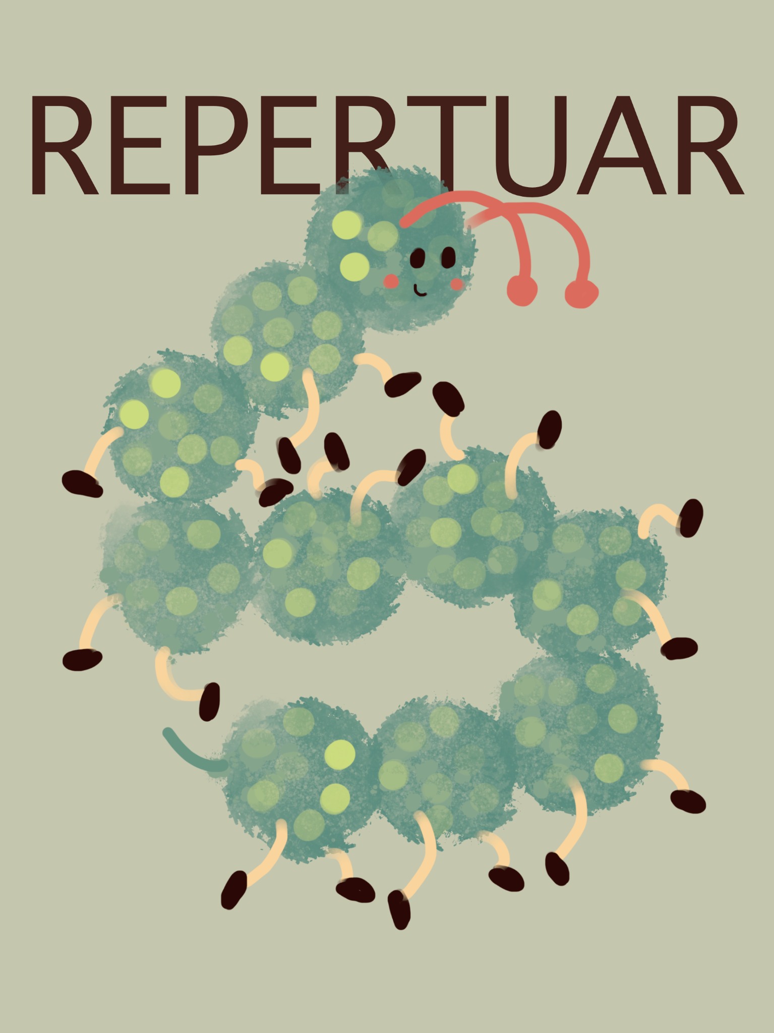 Ilustracja przedstawia uroczą, zieloną gąsienicę z żółtymi plamkami, uśmiechniętą buzią i czerwonymi czułkami, układającą się w kształt spirali pod napisem 'REPERTUAR' na beżowym tle.