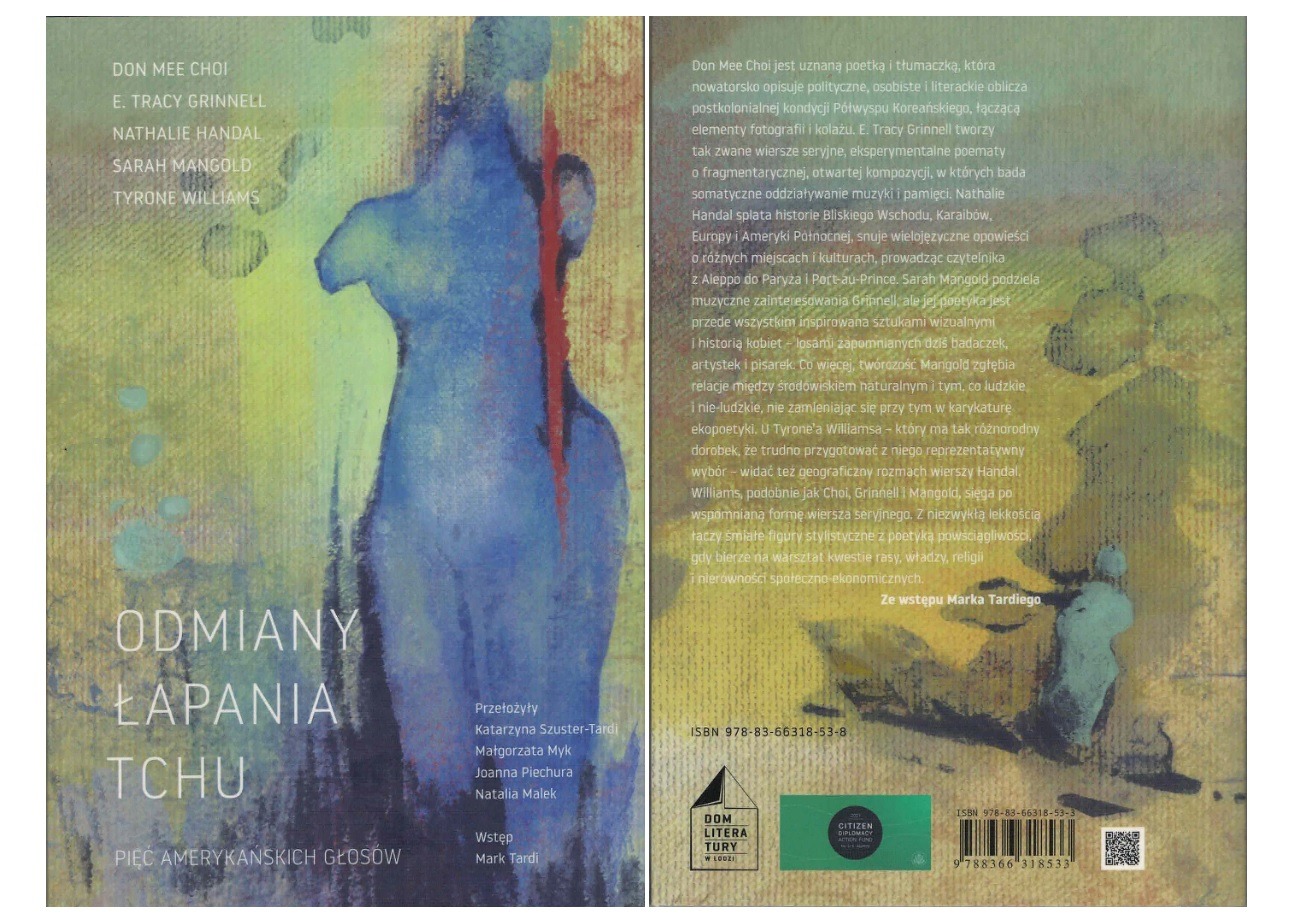 Okładka książki 'Odmiany Łapania Tchu' z abstrakcyjną grafiką przedstawiającą zarys postaci w odcieniach niebieskiego i zieleni na teksturowanym tle, obok tekst o autorach i opis książki.