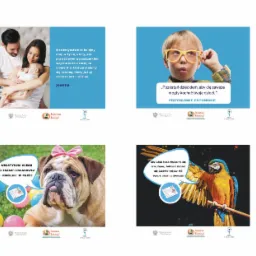 Zestawienie czterech grafik z hasłami społecznymi, każda z inną ilustracją: rodzina z niemowlęciem, dziecko w okularach, buldog z kokardą i ara na gałęzi.
