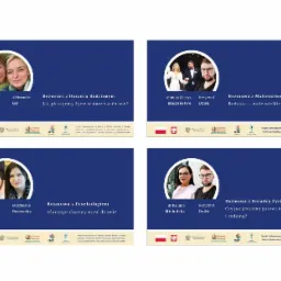 Kompozycja czterech plakatów promujących rozmowy z doradcami rodzinnymi, psychologiem i małżeństwem, z portretami osób prowadzących rozmowy, tytułami i informacjami o dofinansowaniu projektu.