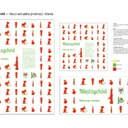 Projekt identyfikacji wizualnej miasta Międzychód, prezentujący powtarzalne ikony: gruszki, konie, budynki, symbole związane z historią regionu, z hasłem 'Rekreacja z pompą'.