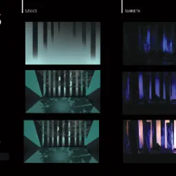 Projekt scenografii teatralnej 'LAS' - szkice koncepcyjne i makieta prezentująca grę światła i cienia, autorstwa Krzysztofa Dzikiego.