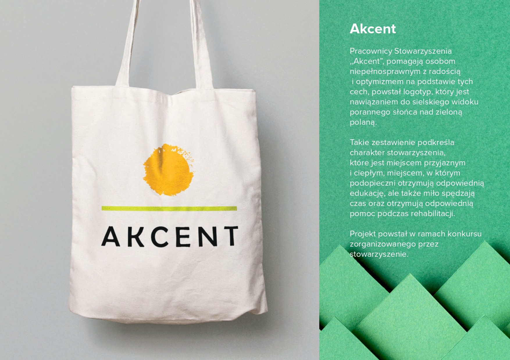 Torba bawełniana z nadrukowanym logotypem Stowarzyszenia Akcent: żółte słońce nad zieloną linią, symbolizujące radość i optymizm.