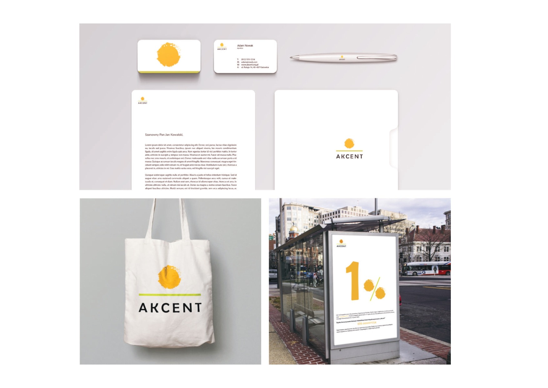 Zestaw identyfikacji wizualnej marki AKCENT: wizytówka, długopis, papier firmowy, torba bawełniana i reklama na przystanku autobusowym z żółtym logotypem.