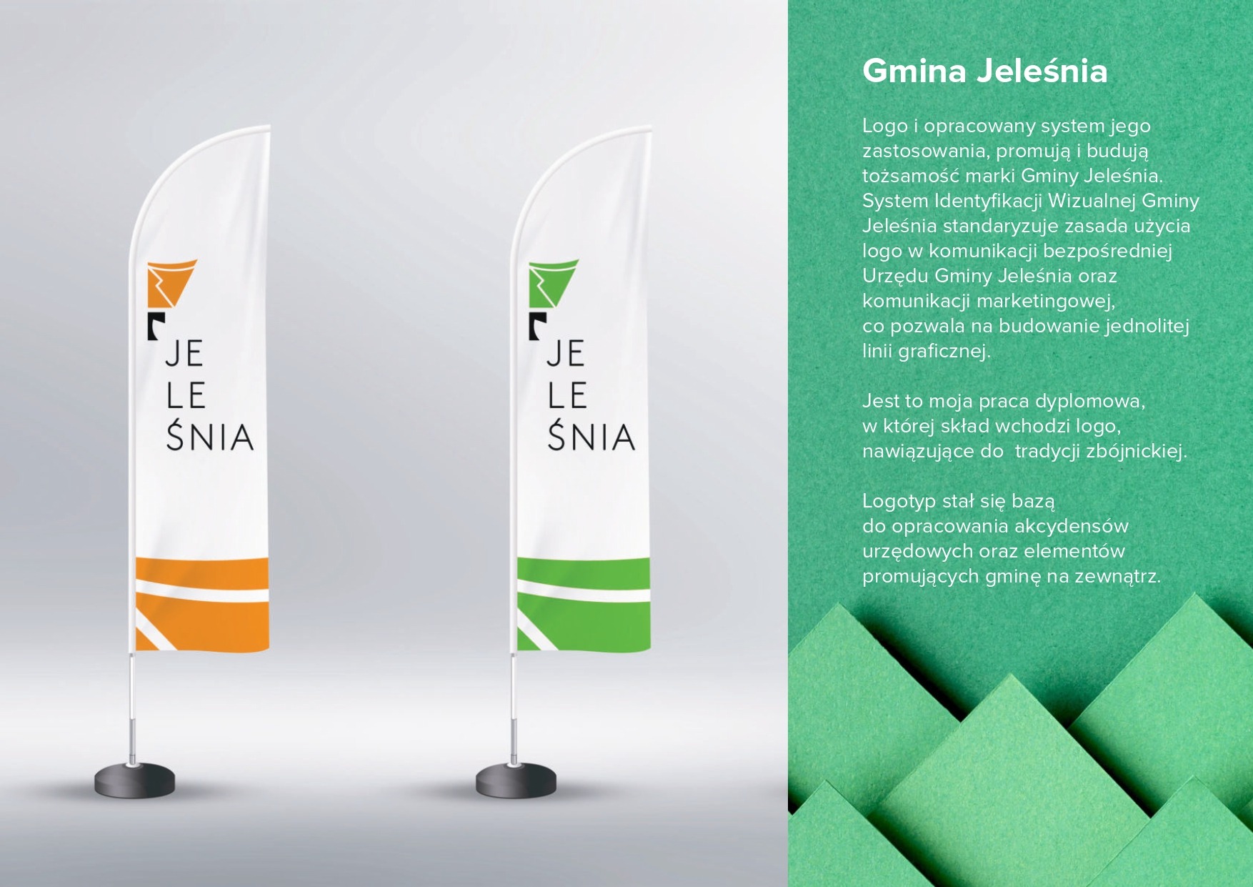 Dwa flagowe banery z logo i nazwą Gminy Jeleśnia, jeden z pomarańczowym, drugi z zielonym akcentem kolorystycznym, prezentowane na tle tekstu opisującego identyfikację wizualną gminy.