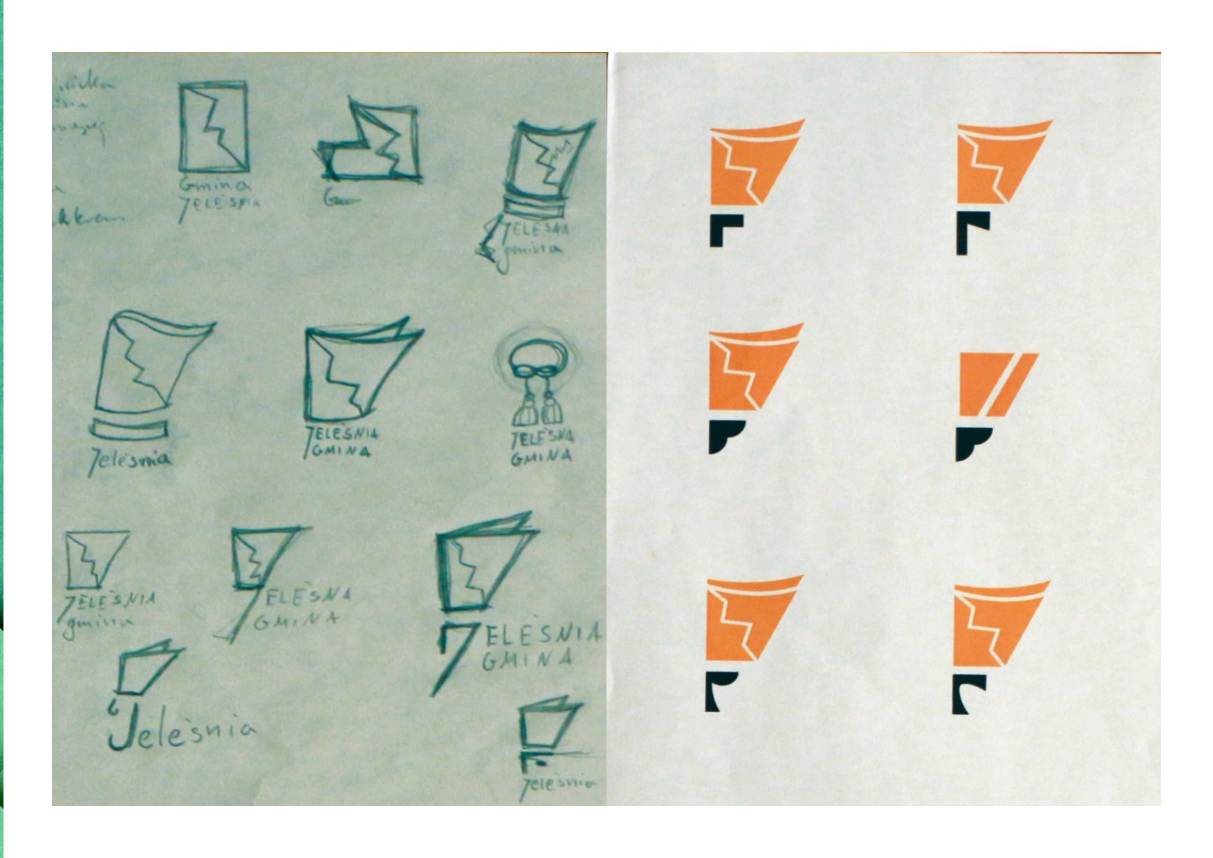 Szkice koncepcyjne logo dla gminy Jeleśnia, prezentujące różne warianty graficzne, obok finalne wersje logo w kolorze pomarańczowym i czarnym.