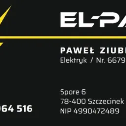 Wizytówka firmy EL-PAX Pawła Ziubrowskiego, elektryka ze Szczecinka, z żółtym symbolem błyskawicy, numerem telefonu i adresem.