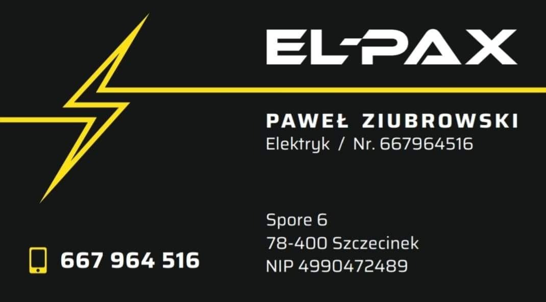 Wizytówka firmy EL-PAX Pawła Ziubrowskiego, elektryka ze Szczecinka, z żółtym symbolem błyskawicy, numerem telefonu i adresem.