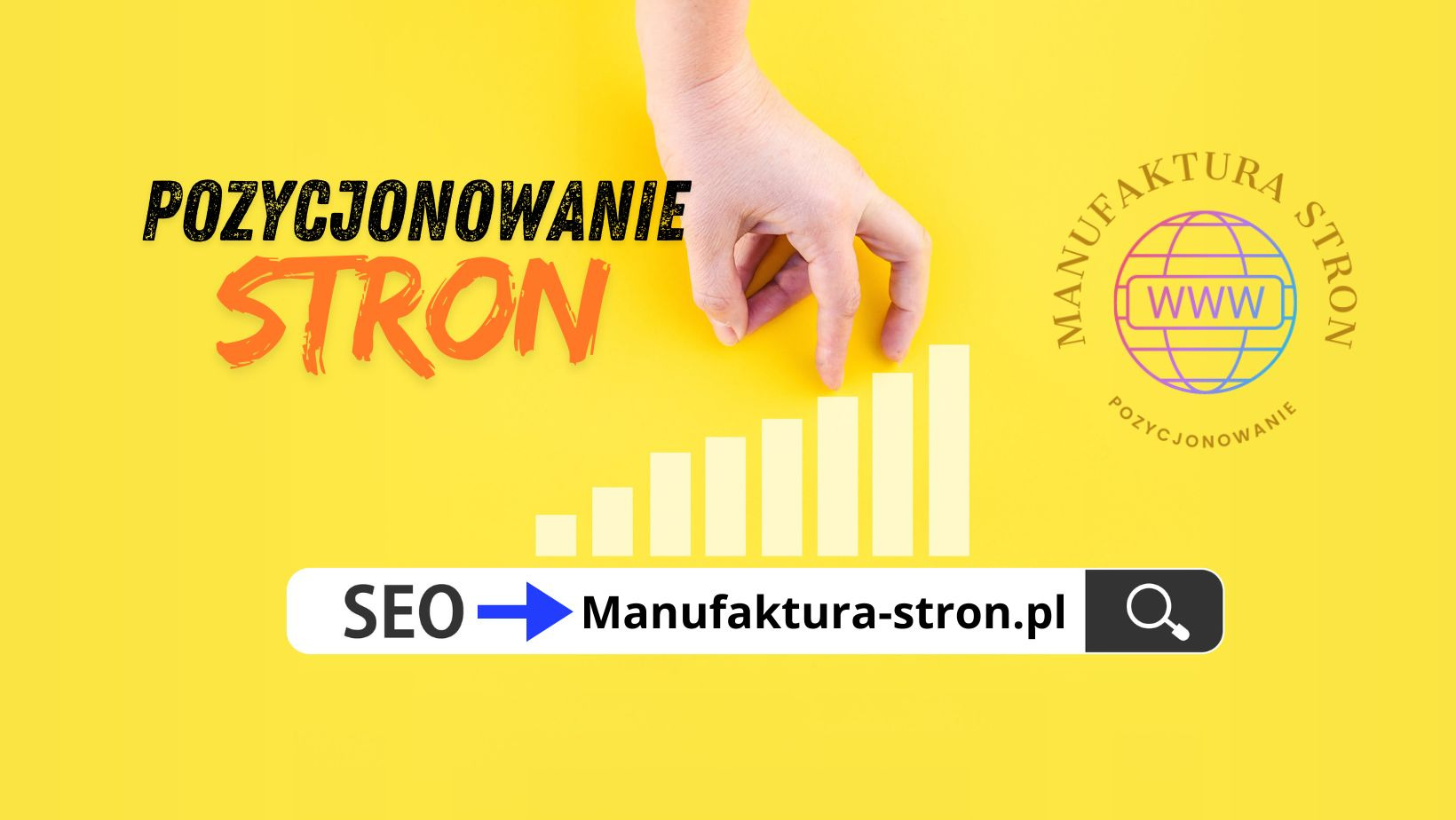 Dłoń spaceruje palcami po słupkowym wykresie wzrostu, nad napisem Pozycjonowanie Stron i adresem Manufaktura-stron.pl na żółtym tle z logotypem WWW.