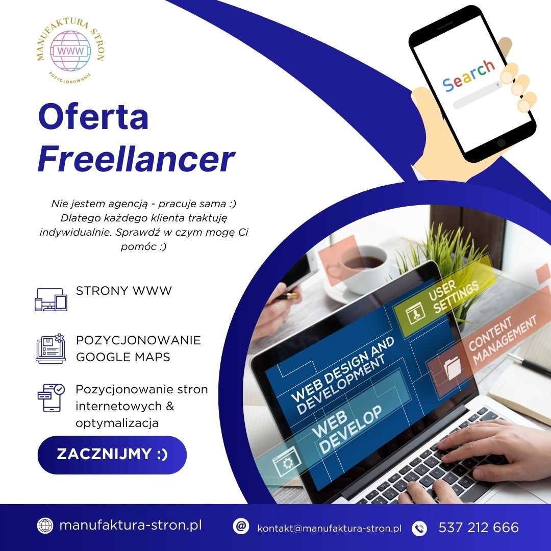 Grafika reklamowa freelancera oferującego tworzenie stron WWW, pozycjonowanie w Google Maps i optymalizację, z laptopem i tabletem prezentującymi interfejs użytkownika i zarządzanie treścią.