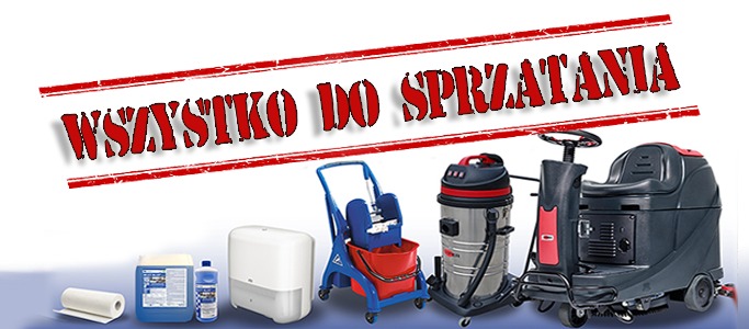 Zestaw profesjonalnych środków i sprzętów do sprzątania: płyny w kanistrach, dozownik na ręczniki, mop z wyciskarką, odkurzacz przemysłowy i automat szorująco-zbierający na tle napisu 'Wszystko...