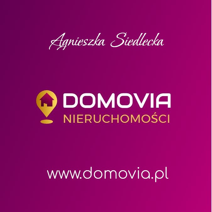 Logo firmy Domovia Nieruchomości na fioletowym tle, z adresem strony internetowej www.domovia.pl i imieniem Agnieszka Siedlecka u góry.
