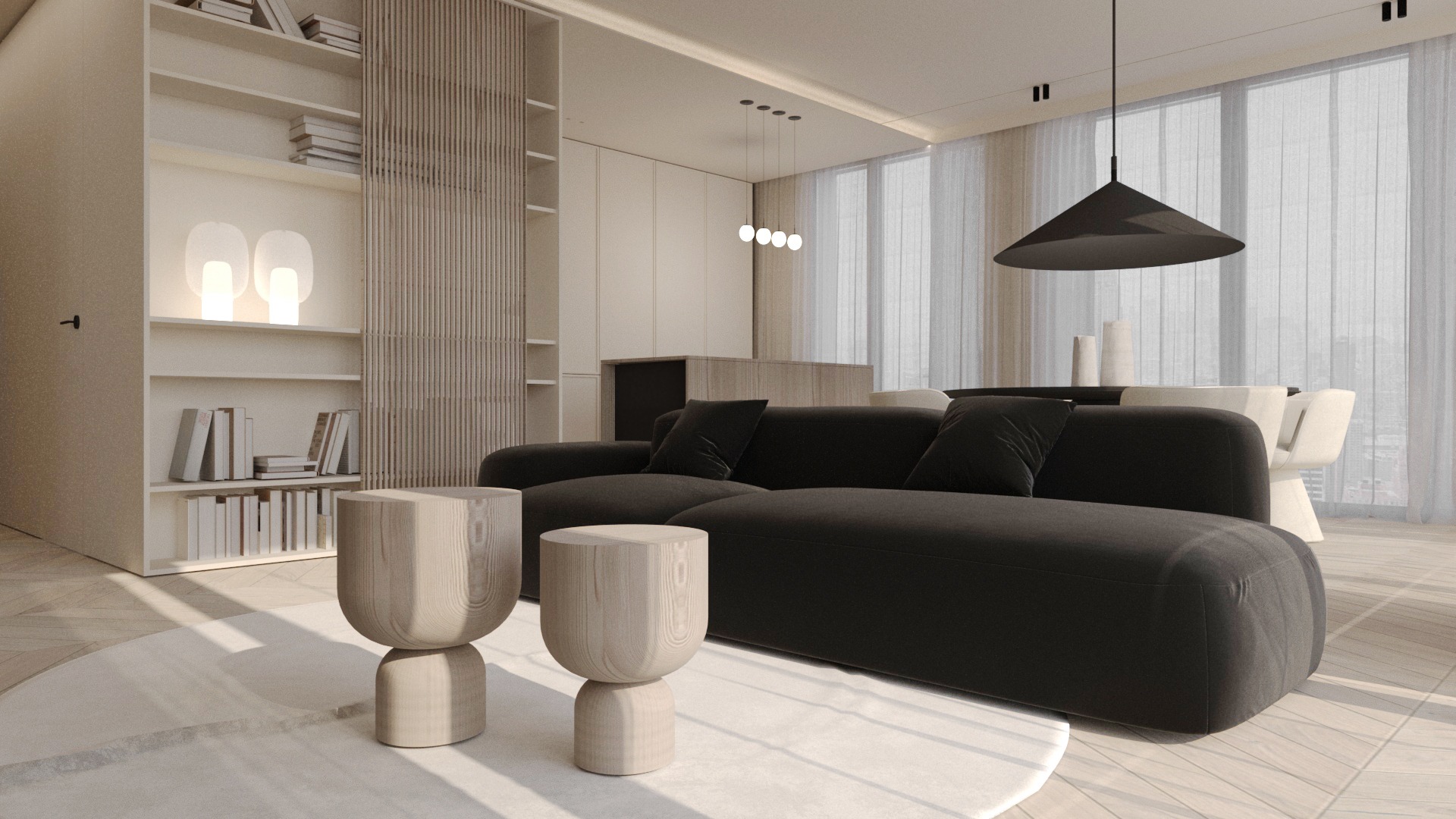 Minimalistyczny salon z ciemnoszarą sofą, drewnianymi stolikami pomocniczymi, okrągłym dywanem i oświetleniem punktowym, utrzymany w jasnej kolorystyce z akcentami drewna i bieli.