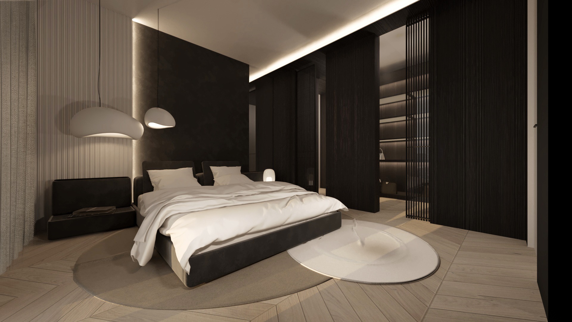 Elegancka sypialnia w ciemnej tonacji z drewnianą podłogą w jodełkę, podwieszanymi lampami o organicznych kształtach i minimalistycznym łóżkiem z białą pościelą.